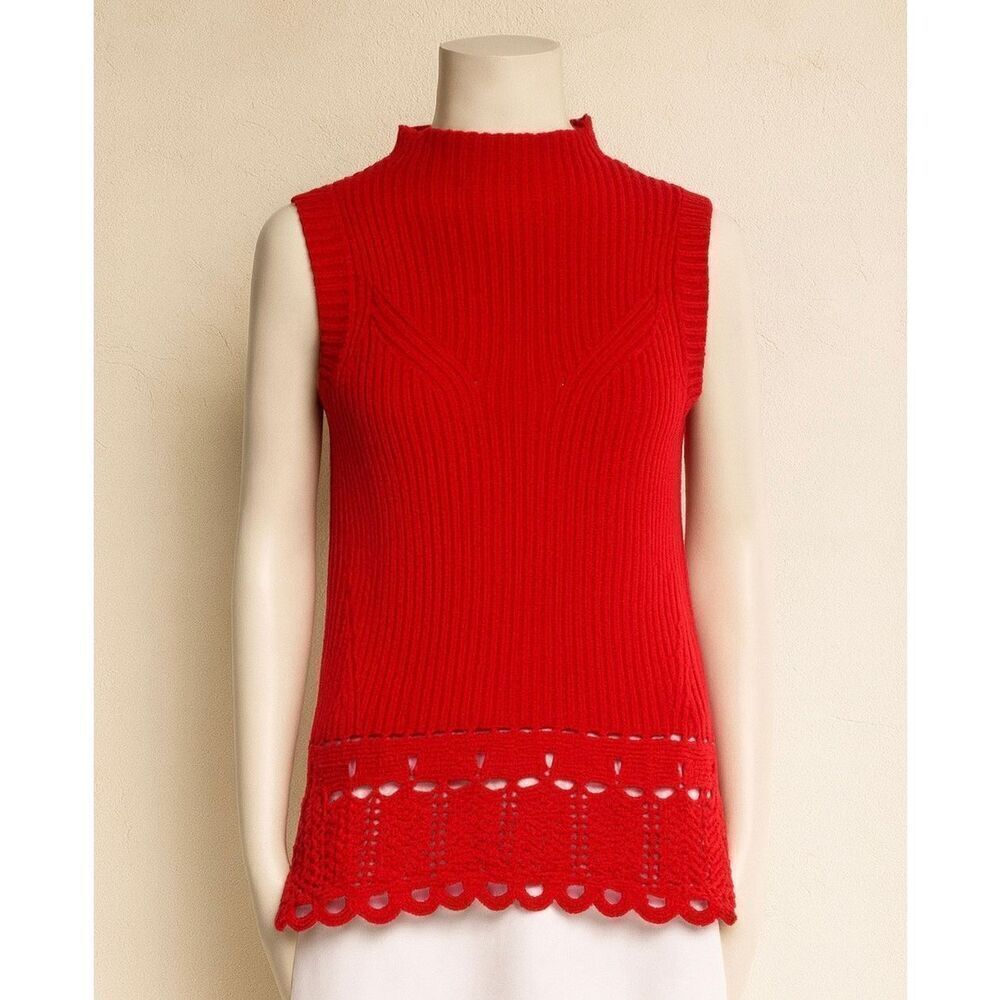 Derek Lam 10 Crosby Red Sleeveless Mock Neck Tunic Top with Scalloped Hem Women’
